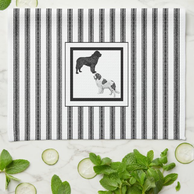 Newfoundland  Black and Landseer on stripe Tea Towel (Folded)