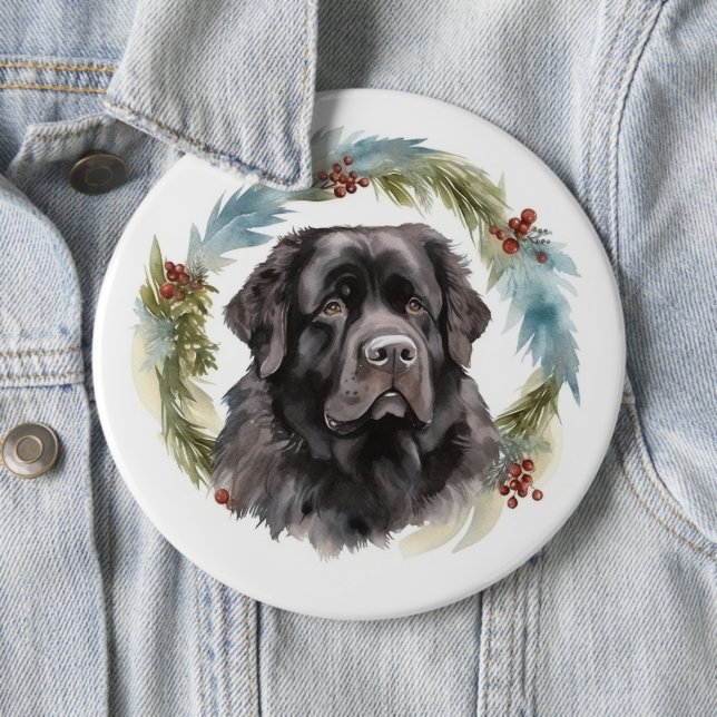 Newfoundland Christmas Wreath Festive Pup  6 Cm Round Badge (In Situ)
