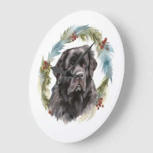 Newfoundland Christmas Wreath Festive Pup  Large Clock