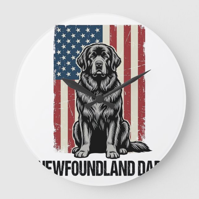 Newfoundland Dad Patriotic Dog Vintage Large Clock (Front)