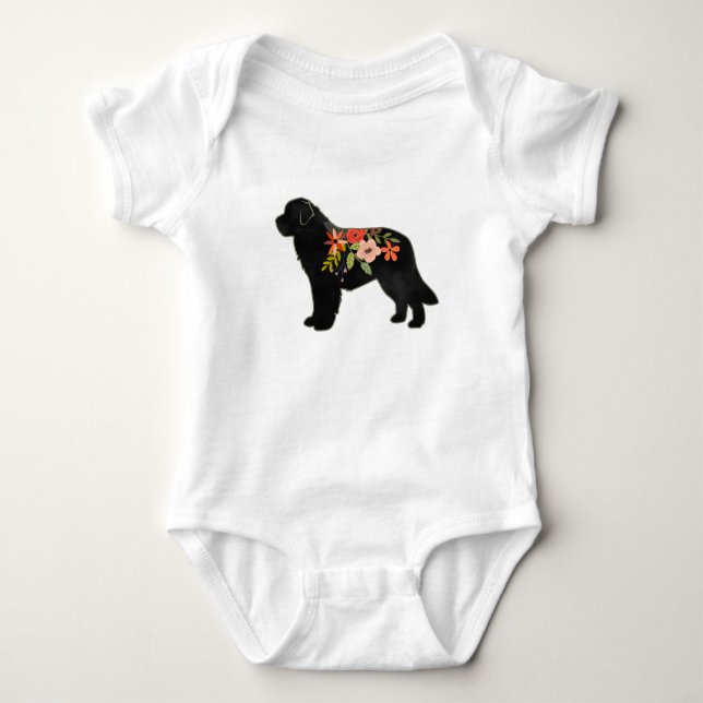 Newfoundland Dog Breed Boho Floral Silhouette Baby Bodysuit (Front)