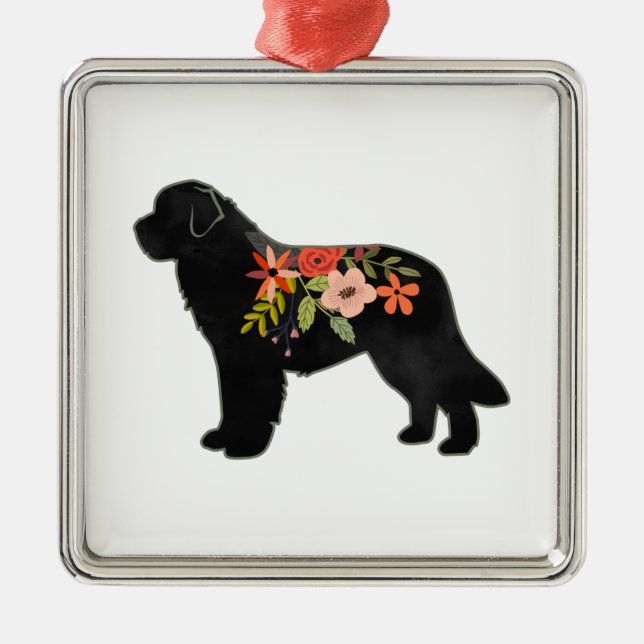 Newfoundland Dog Breed Boho Floral Silhouette Metal Tree Decoration (Front)