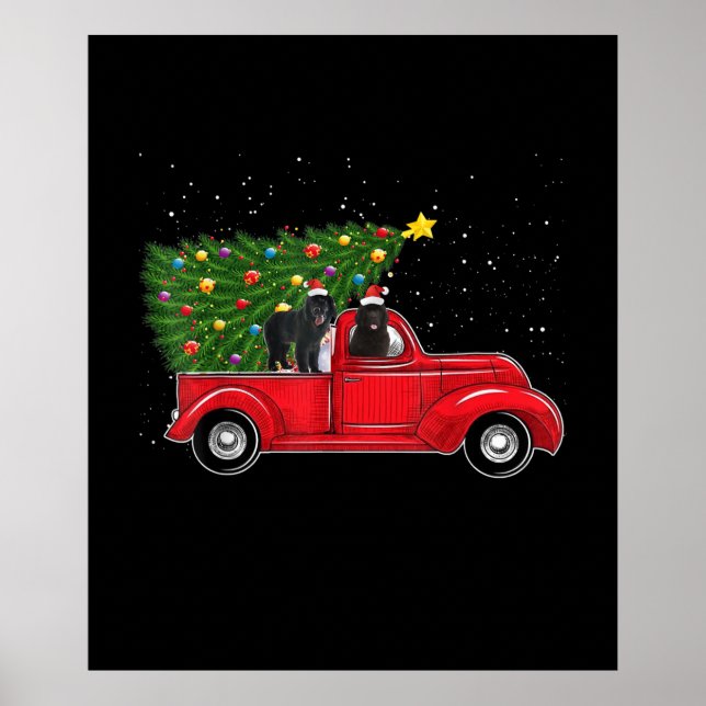 Newfoundland Dog Christmas On Red Car Truck Xmas Poster (Front)