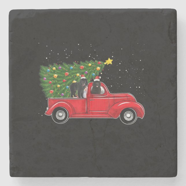 Newfoundland Dog Christmas On Red Car Truck Xmas Stone Coaster (Front)