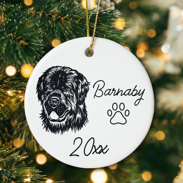 Newfoundland Dog Custom Name & Year Line Art Ceramic Tree Decoration (NewFoundland Dog Custom Name and Year Ornament with Paw Print. Black and White Line Art Modern)