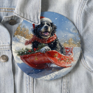 Newfoundland Dog in Sledge Let it Snow Christmas 6 Cm Round Badge
