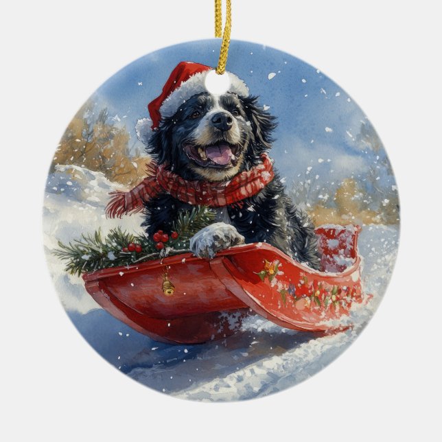 Newfoundland Dog in Sledge Let it Snow Christmas Ceramic Tree Decoration (Front)