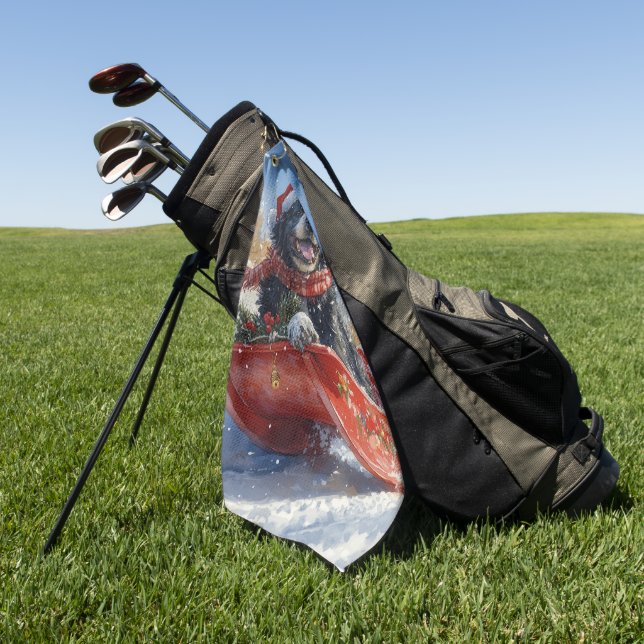 Newfoundland Dog in Sledge Let it Snow Christmas Golf Towel (Green)