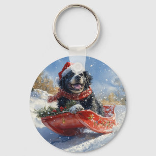 Newfoundland Dog in Sledge Let it Snow Christmas Key Ring