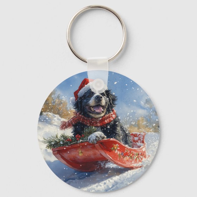 Newfoundland Dog in Sledge Let it Snow Christmas Key Ring (Front)