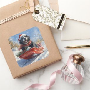 Newfoundland Dog in Sledge Let it Snow Christmas Square Sticker