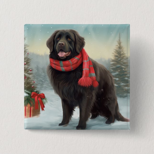 Newfoundland Dog in Snow Christmas 15 Cm Square Badge (Front)