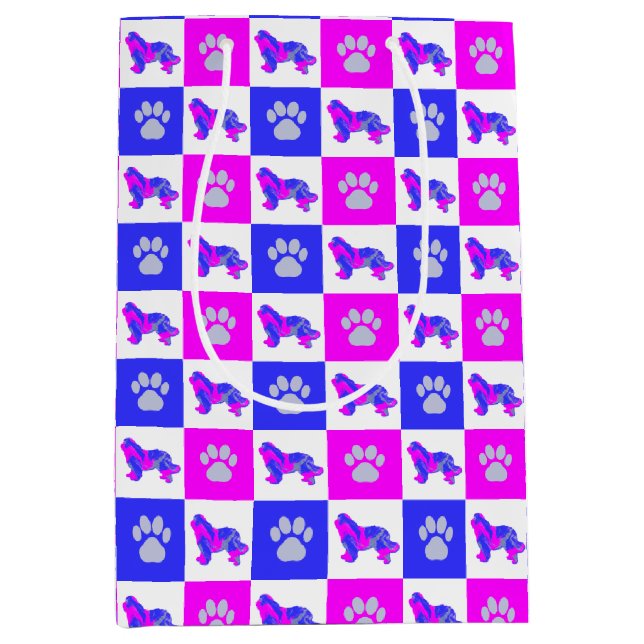 Newfoundland Dog & Paw Crazy Hot Pink & Blue Medium Gift Bag (Front)