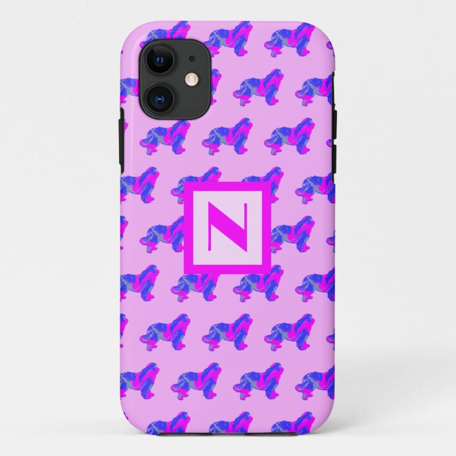 Newfoundland Dog Pink & Blue Silhouette Monogram Case-Mate iPhone Case (Back)