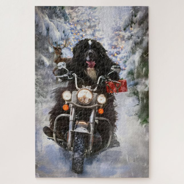 Newfoundland Dog Riding Motorcycle Christmas  Jigsaw Puzzle (Vertical)