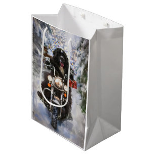 Newfoundland Dog Riding Motorcycle Christmas Medium Gift Bag