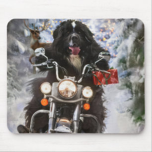 Newfoundland Dog Riding Motorcycle Christmas Mouse Pad