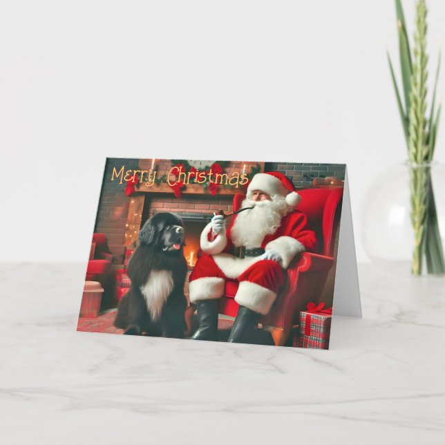 Newfoundland Dog Sitting by Santa Christmas Card (Front)