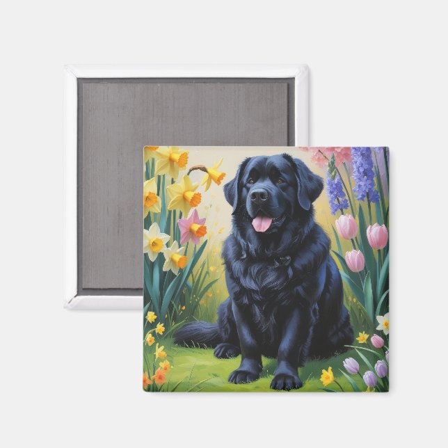 Newfoundland Dog Spring Flowers Painting Magnet (Front/Back)