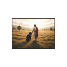 Newfoundland dog walking with Jesus