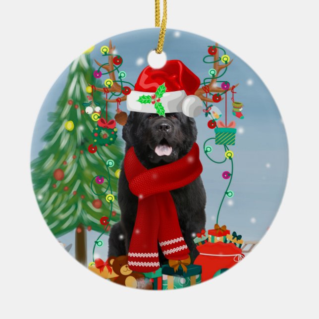Newfoundland dog with Christmas gifts   Ceramic Tree Decoration (Front)