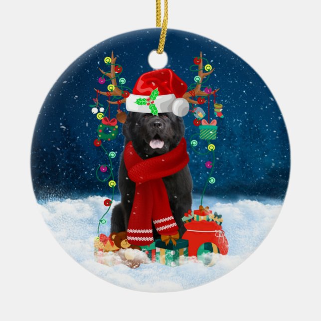 Newfoundland dog with Christmas gifts Ceramic Tree Decoration (Front)