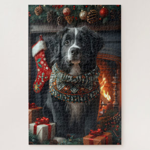 Newfoundland Dog With Christmas Gifts Fireplace Jigsaw Puzzle