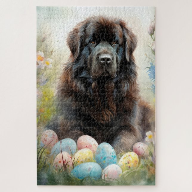 Newfoundland Dog with Easter Eggs Holiday Jigsaw Puzzle (Vertical)