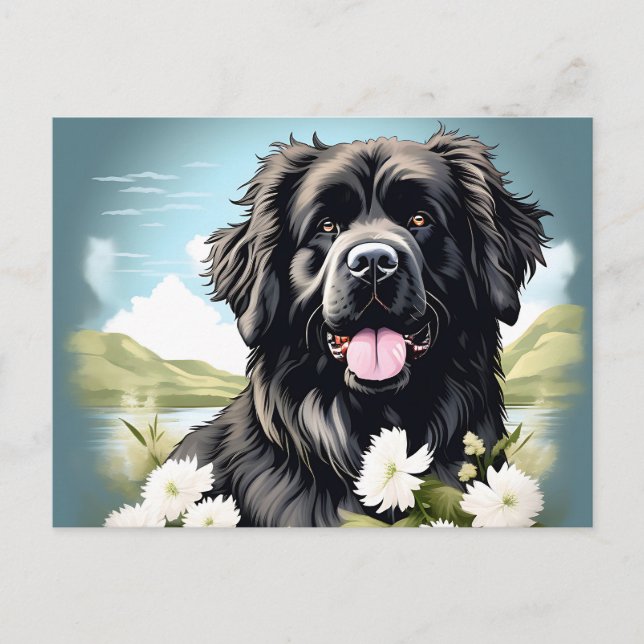 Newfoundland Dog With White Flowers Postcard (Front)
