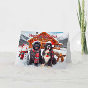 Newfoundland Dogs Next to a Snowman Christmas Card