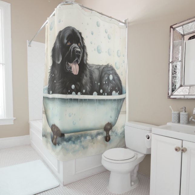 Newfoundland In Bathtub Watercolor Dog Art  Shower Curtain (In Situ)