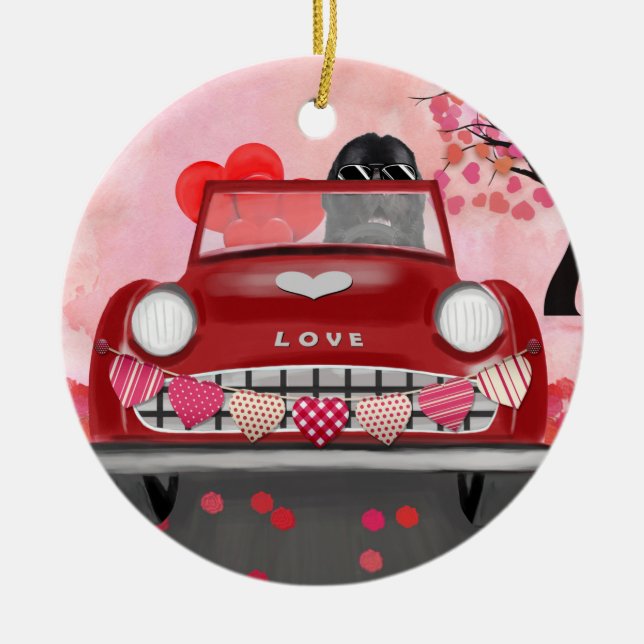Newfoundland in car with hearts ceramic tree decoration (Front)