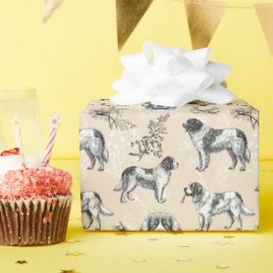 Newfoundland Landseer Dogs Vintage Floral Toile Wrapping Paper