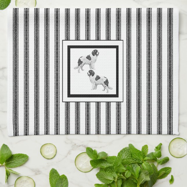 Newfoundland  Landseer  on black and white stripe Tea Towel (Folded)
