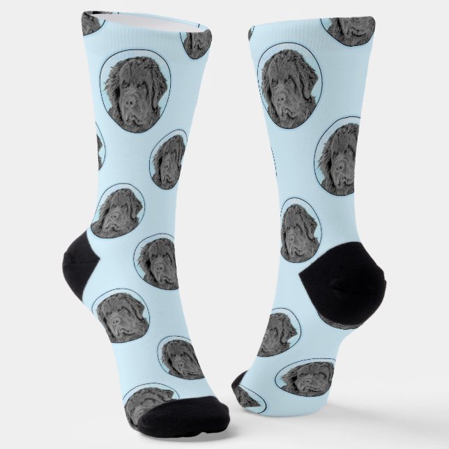 Newfoundland Painting Black Cute Original Dog Art Socks (Angled)