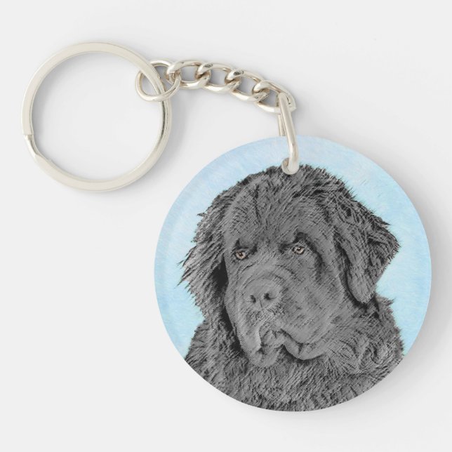 Newfoundland Painting - Cute Original Dog Art Key Ring (Front)