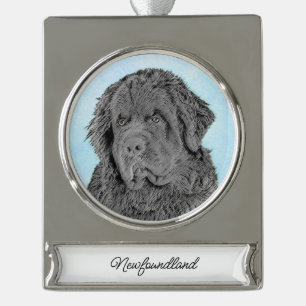 Newfoundland Painting - Cute Original Dog Art Silv Silver Plated Banner Ornament