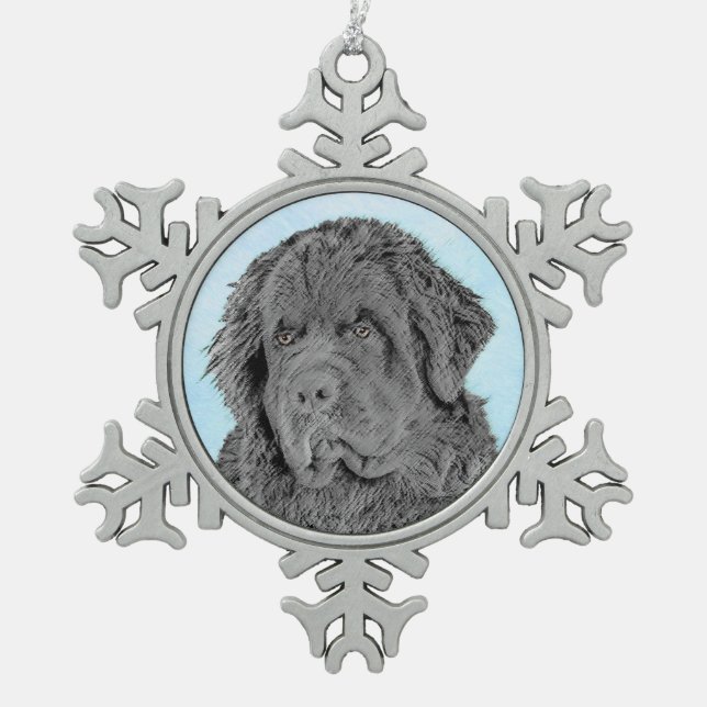 Newfoundland Painting - Cute Original Dog Art Snowflake Pewter Christmas Ornament (Front)