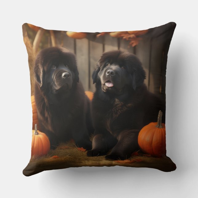 Newfoundland Puppy Autumn Delight Pumpkin Cushion (Back)