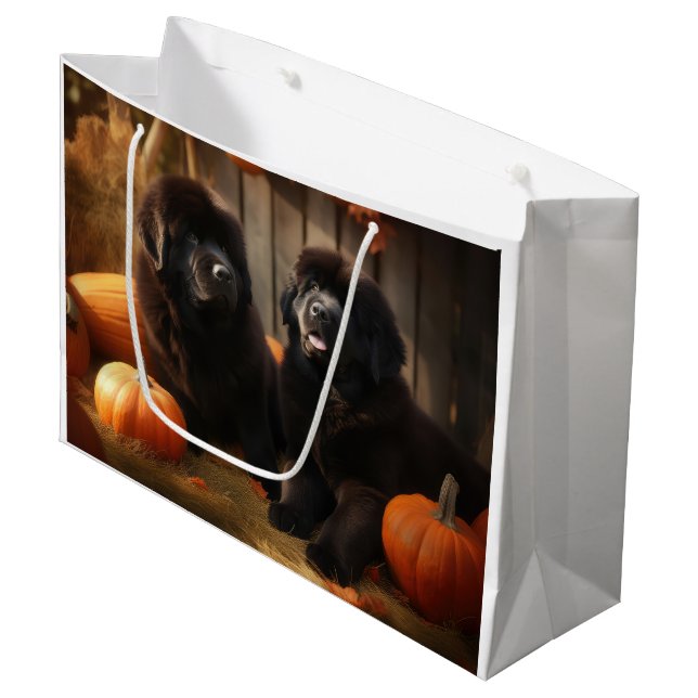 Newfoundland Puppy Autumn Delight Pumpkin Large Gift Bag (Front Angled)