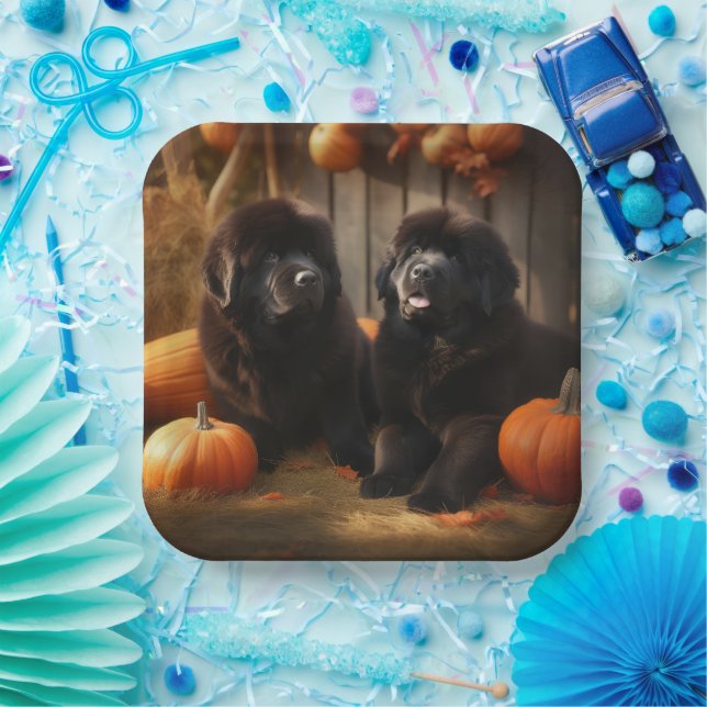 Newfoundland Puppy Autumn Delight Pumpkin Paper Plate (Party)