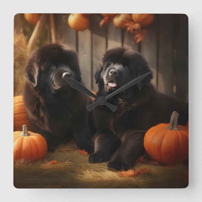 Newfoundland Puppy Autumn Delight Pumpkin Square Wall Clock (Front)