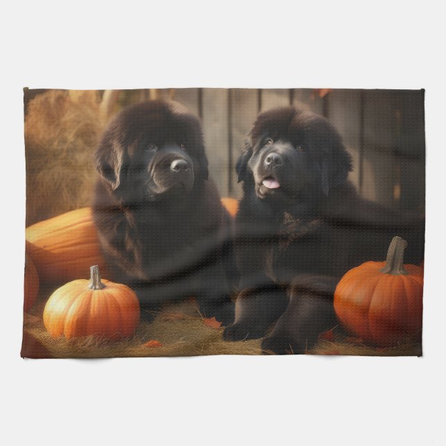 Newfoundland Puppy Autumn Delight Pumpkin Tea Towel (Horizontal)