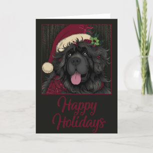 Newfoundland Puppy Dog Santa Hat "Happy Holidays" Holiday Card
