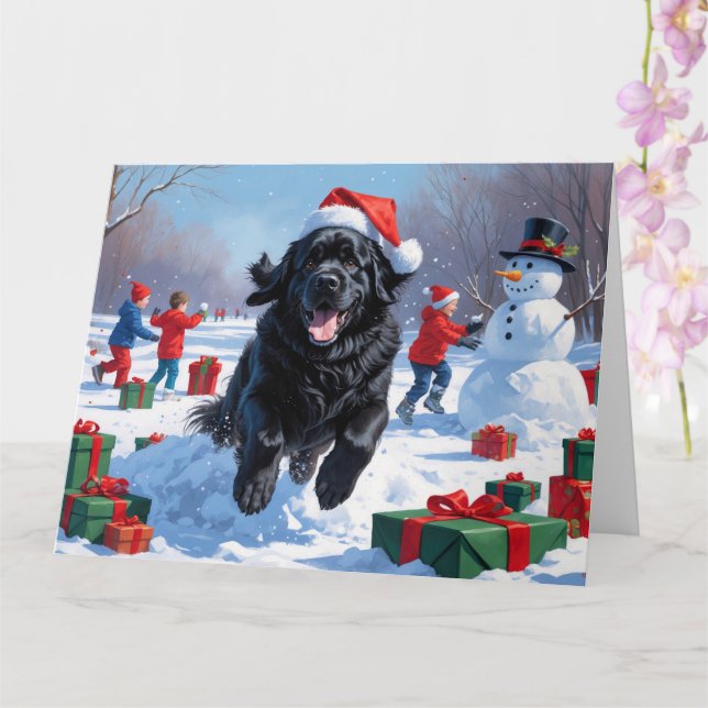 Newfoundland Running in Snow with Christmas Hat Card (Orchid)