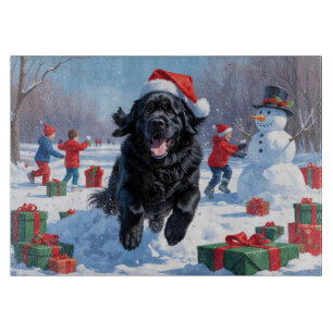 Newfoundland Running in Snow with Christmas Hat Cutting Board