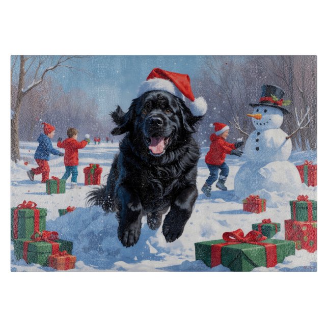 Newfoundland Running in Snow with Christmas Hat Cutting Board (Front)