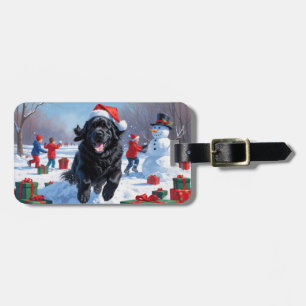 Newfoundland Running in Snow with Christmas Hat Luggage Tag