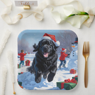Newfoundland Running in Snow with Christmas Hat Paper Plate