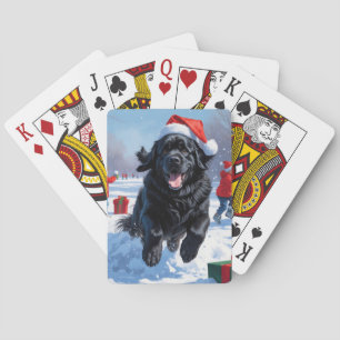 Newfoundland Running in Snow with Christmas Hat Playing Cards